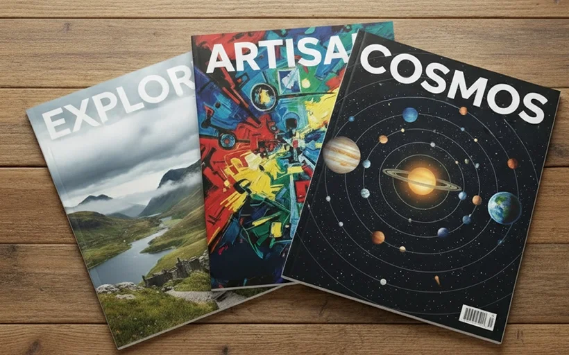 Three sample magazines face-down on a table