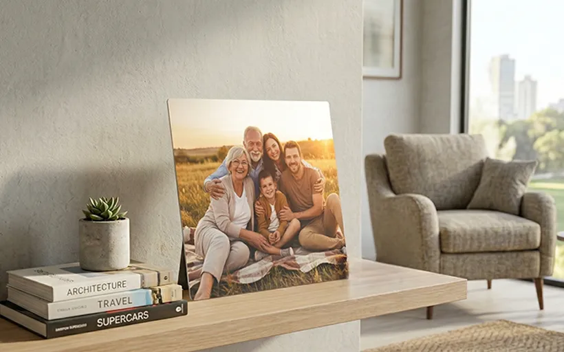Metal print displayed in a home interior