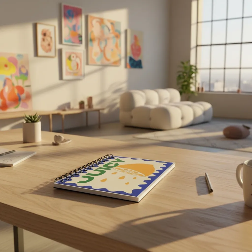 A Prodigi notebook on a desk in the foreground, the background of the room is out of focus.