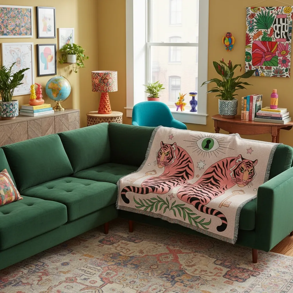 Prodigi woven blanket draped over a sofa in an ecletic lounge