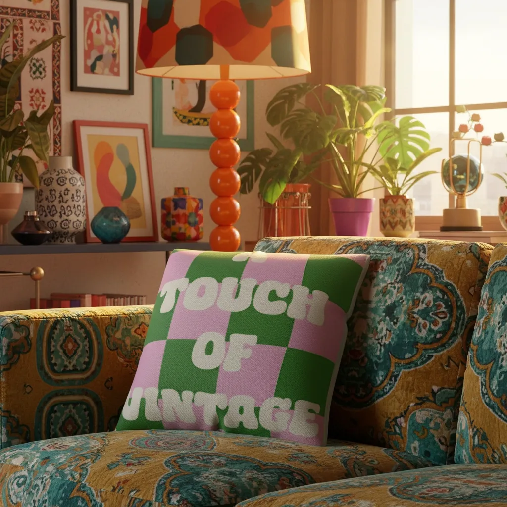A custom-printed cushion in a brightly-deocrated room