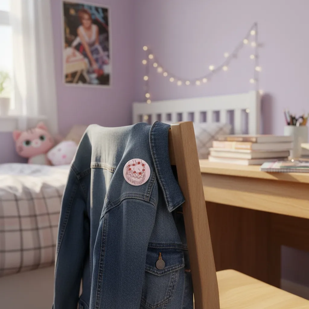 Pin badge on a denim jacket in a teenage bedroom