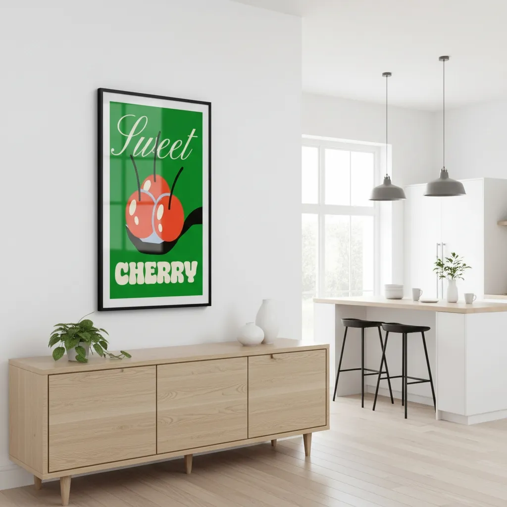 A large framed print on a wall in a bright apartment, showing subtle reflections on the frame's glazing.