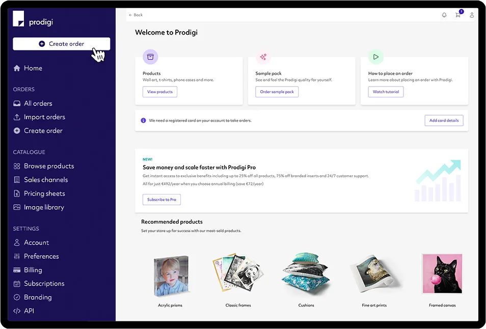 Prodigi dashboard